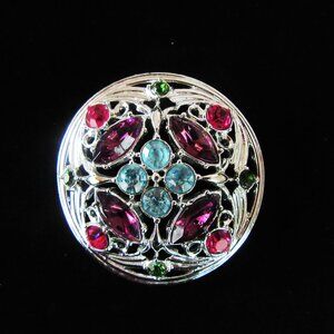 Vintage SARAH COVENTRY Springtime silver tone round filigree multi color brooch